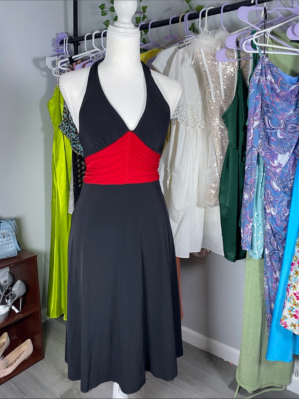 Byer California Black Halter Midi Dress with Red Waistband